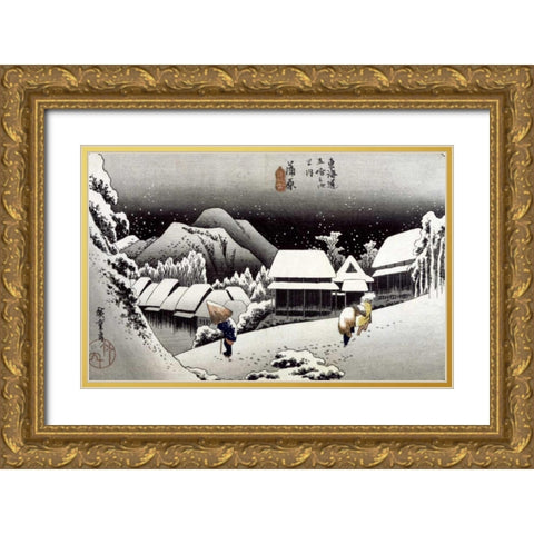Kambara, Night Snow Gold Ornate Wood Framed Art Print with Double Matting by Hiroshige