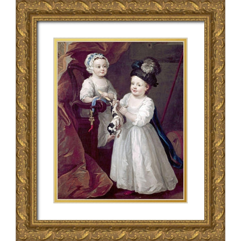 Lord Grey and Lady Mary West As Children Gold Ornate Wood Framed Art Print with Double Matting by Hogarth, William