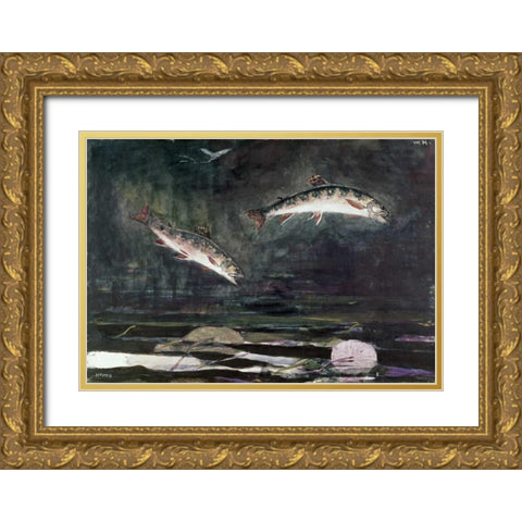 Leaping Trout Gold Ornate Wood Framed Art Print with Double Matting by Homer, Winslow