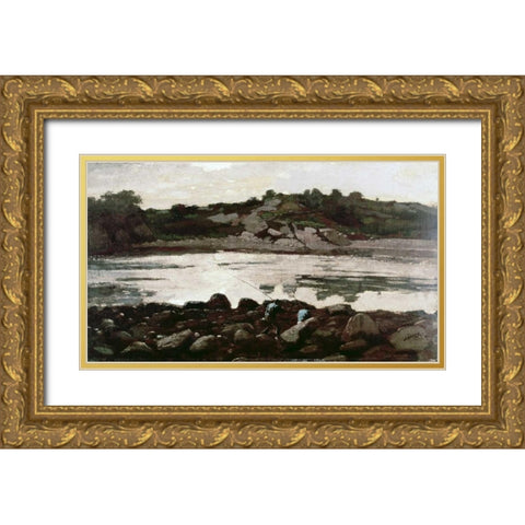 Fisherman on Rocks Gold Ornate Wood Framed Art Print with Double Matting by Homer, Winslow