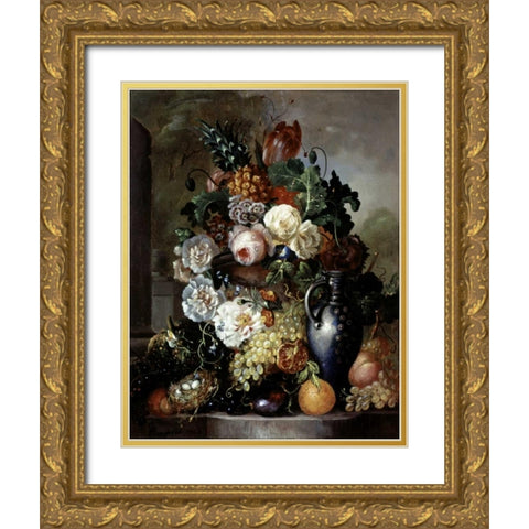 Still Life of Fruit and Flowers Gold Ornate Wood Framed Art Print with Double Matting by Hyugens, Francois Joseph