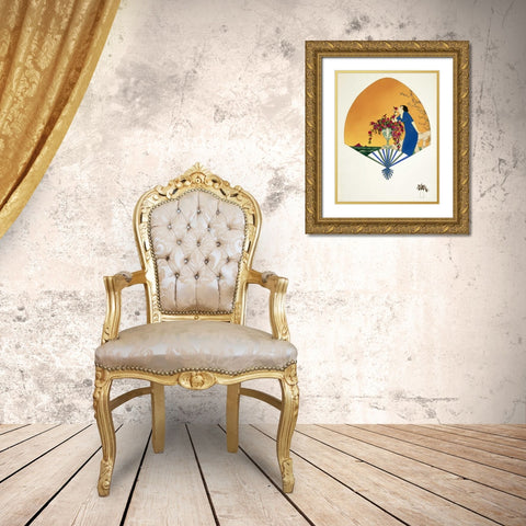 Fan: Woman On Balcony Smelling Rose Gold Ornate Wood Framed Art Print with Double Matting by Iribe, Paul