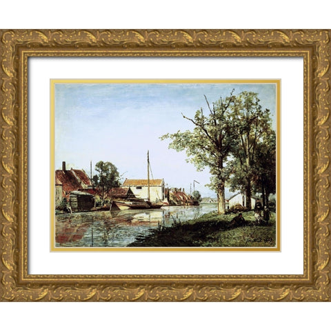 A Dutch Canal Scene Gold Ornate Wood Framed Art Print with Double Matting by Jongkind, Johan Barthold