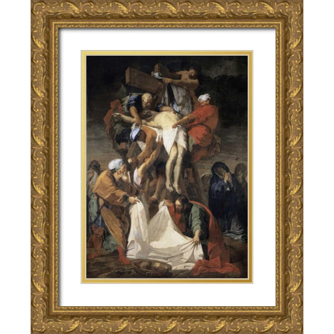 Descent From The Cross Gold Ornate Wood Framed Art Print with Double Matting by Jouvenet, Jean Baptiste
