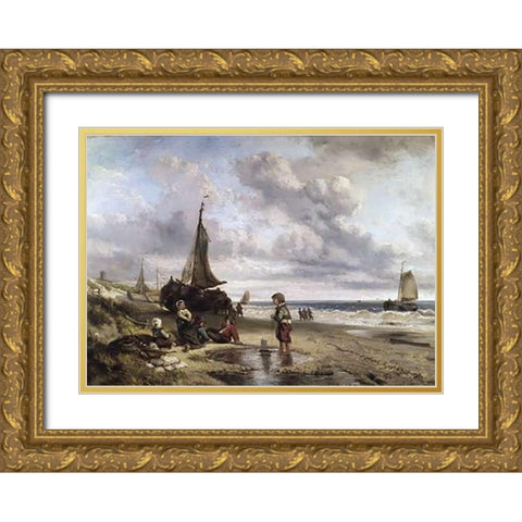 Children Playing By The Ocean Gold Ornate Wood Framed Art Print with Double Matting by Kate, Jan Mari