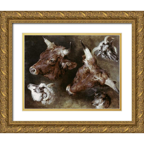 Heads of Sheep and Cattle Gold Ornate Wood Framed Art Print with Double Matting by Landseer, Sir Edwin