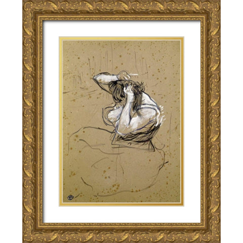 Femme Qui Se Peigne Gold Ornate Wood Framed Art Print with Double Matting by Toulouse-Lautrec, Henri
