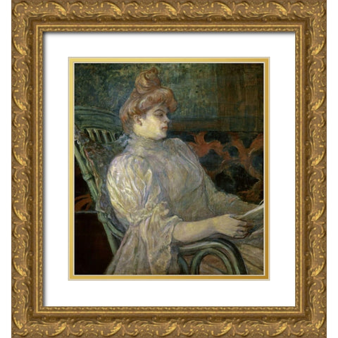 Woman Reading - Femme Lisant Gold Ornate Wood Framed Art Print with Double Matting by Toulouse-Lautrec, Henri
