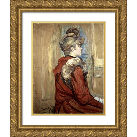 Young Woman with her Fur, Mademoiselle Jeanne Fontaine Gold Ornate Wood Framed Art Print with Double Matting by Toulouse-Lautrec, Henri