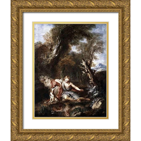 Narcissus Gold Ornate Wood Framed Art Print with Double Matting by Le Moyne, Francois