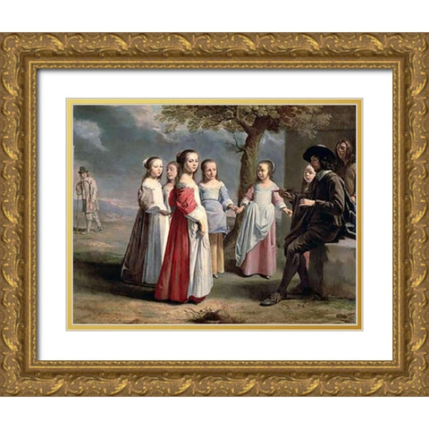 Childrens Dance Gold Ornate Wood Framed Art Print with Double Matting by Le Nain, Antoine