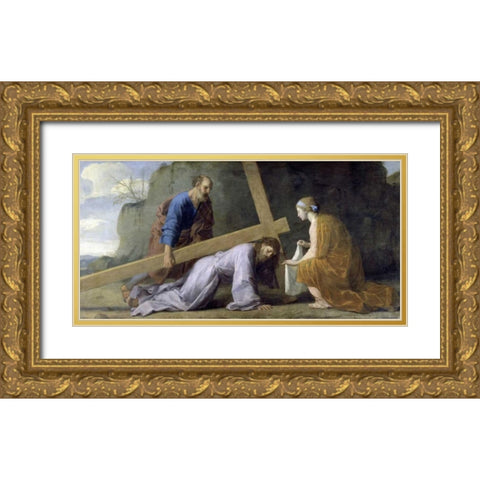 Jesus Carrying His Cross Gold Ornate Wood Framed Art Print with Double Matting by Le Sueur, Eustache