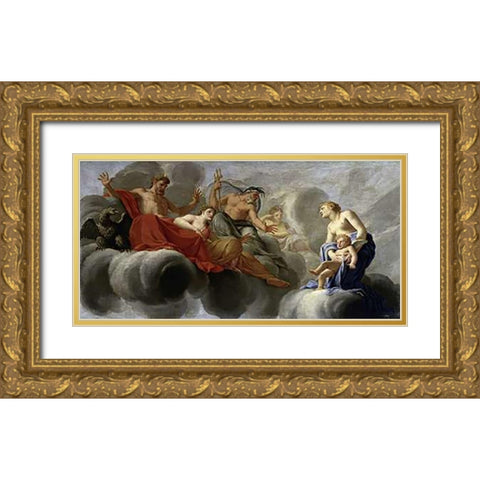Venus Presents Cupid To Jupiter Gold Ornate Wood Framed Art Print with Double Matting by Le Sueur, Eustache