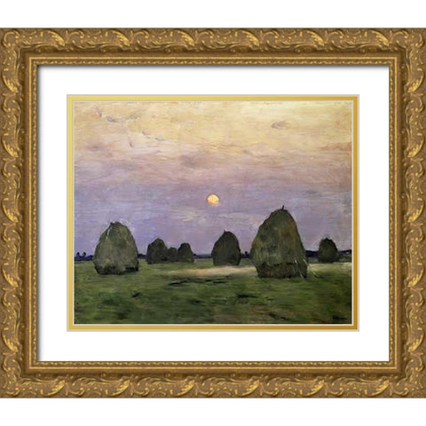 Dawn/Dusk - Bundle of Hay Gold Ornate Wood Framed Art Print with Double Matting by Levitan, Isaak