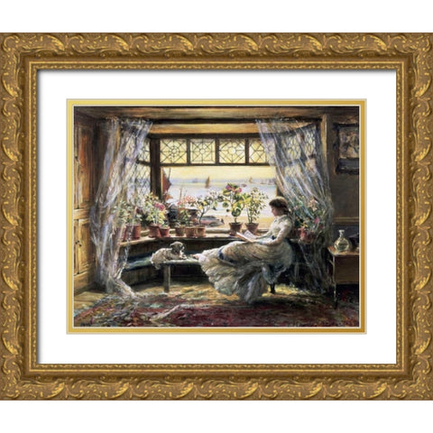 Reading by the Window, Hastings Gold Ornate Wood Framed Art Print with Double Matting by Lewis, Charles James