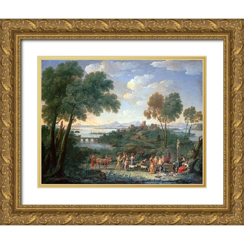 Italian Landscape With Sacrifice Gold Ornate Wood Framed Art Print with Double Matting by Van Lint, Hendrik Frans