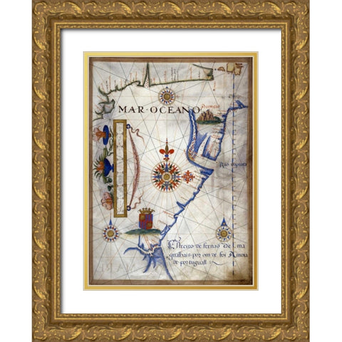 Mar Oceano - Portolan Atlas Illumination Gold Ornate Wood Framed Art Print with Double Matting by Lopes, Sebastiano