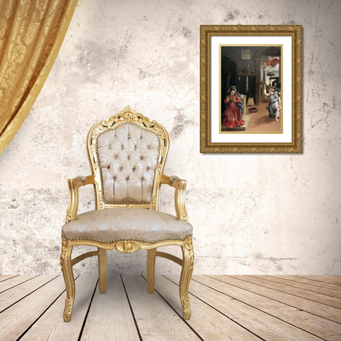 Annunciation Gold Ornate Wood Framed Art Print with Double Matting by Lotto, Lorenzo