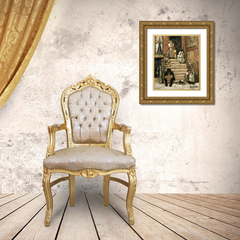 On The Steps Gold Ornate Wood Framed Art Print with Double Matting by Luks, George Benjamin