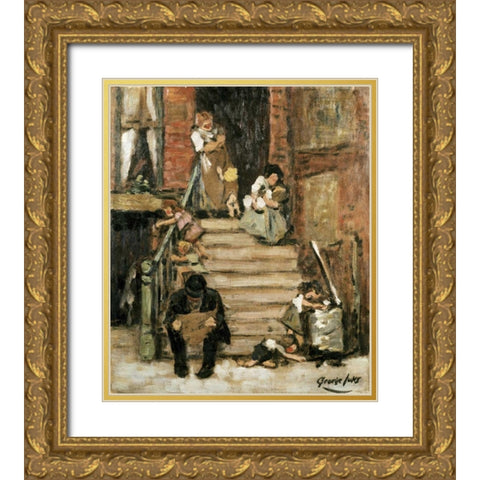 On The Steps Gold Ornate Wood Framed Art Print with Double Matting by Luks, George Benjamin