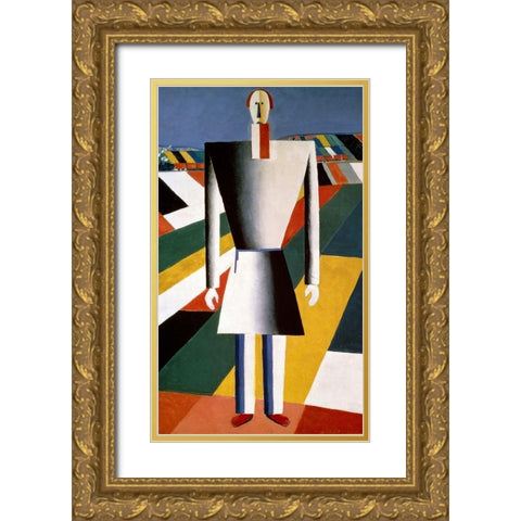 Farmer In The Field Gold Ornate Wood Framed Art Print with Double Matting by Malevich, Kazimir