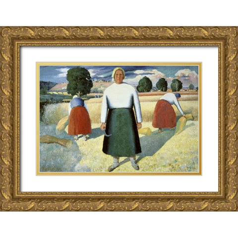 Female Farmers Gold Ornate Wood Framed Art Print with Double Matting by Malevich, Kazimir