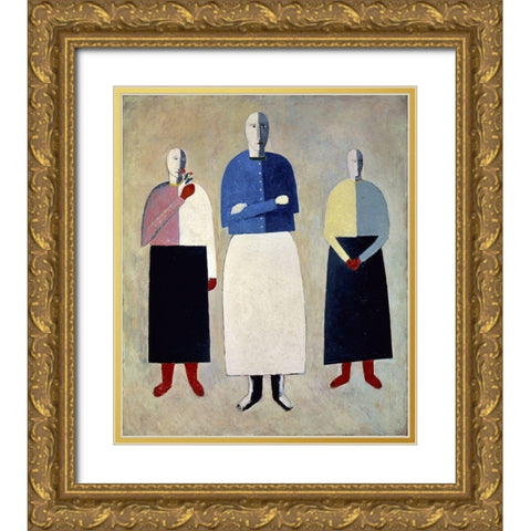 Three Girls Gold Ornate Wood Framed Art Print with Double Matting by Malevich, Kazimir