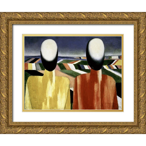 Two Farmers Gold Ornate Wood Framed Art Print with Double Matting by Malevich, Kazimir