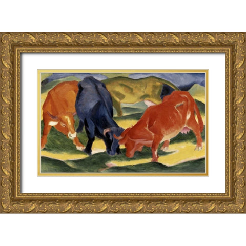 Fighting Cows Gold Ornate Wood Framed Art Print with Double Matting by Marc, Franz