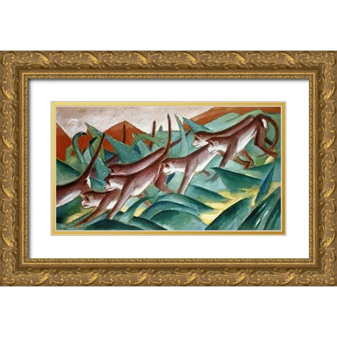 The Monkey Frieze Gold Ornate Wood Framed Art Print with Double Matting by Marc, Franz