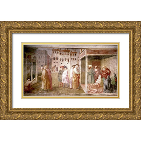 Healing of The Cripple and The Resurrection of Tabitha Gold Ornate Wood Framed Art Print with Double Matting by Masaccio,