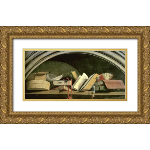 Still Life: Shelf With Books Gold Ornate Wood Framed Art Print with Double Matting by Masters of the Aix Annuniciation