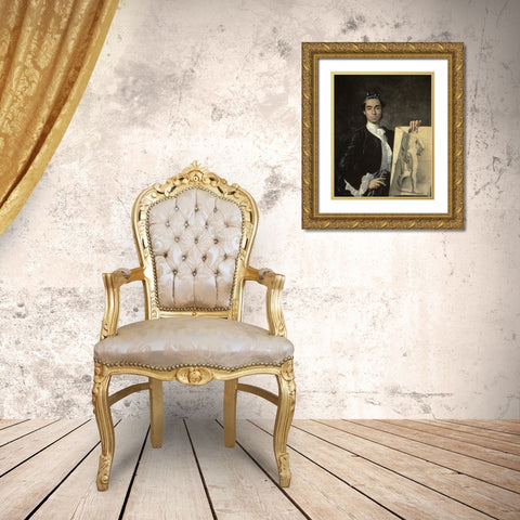 Portrait of The Artist Holding a Life Study Gold Ornate Wood Framed Art Print with Double Matting by Melendez, Luis Egidio