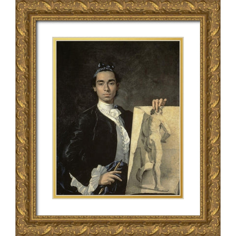 Portrait of The Artist Holding a Life Study Gold Ornate Wood Framed Art Print with Double Matting by Melendez, Luis Egidio