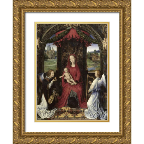 Madonna and Child With Two Angels Gold Ornate Wood Framed Art Print with Double Matting by Memling, Hans