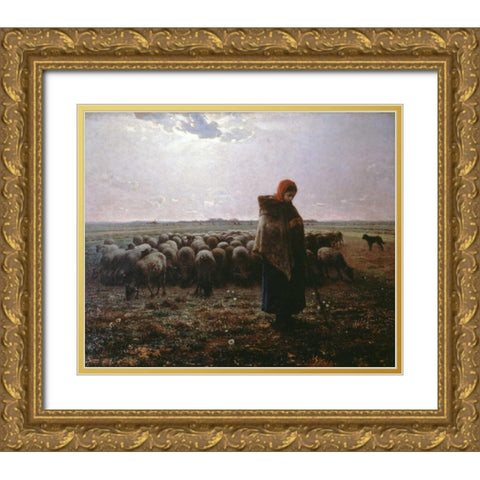 Pasture Gold Ornate Wood Framed Art Print with Double Matting by Millet, Jean-Francois