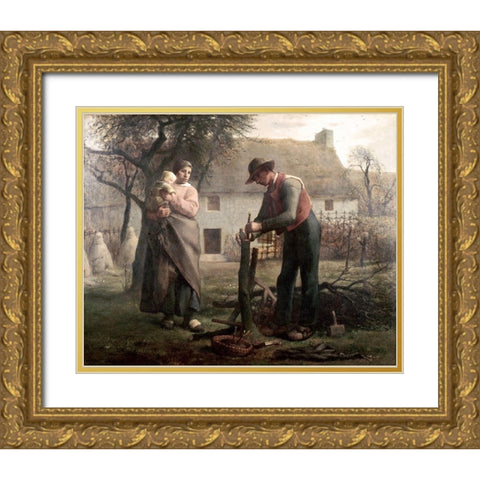 Peasant Grafting a Tree Gold Ornate Wood Framed Art Print with Double Matting by Millet, Jean-Francois