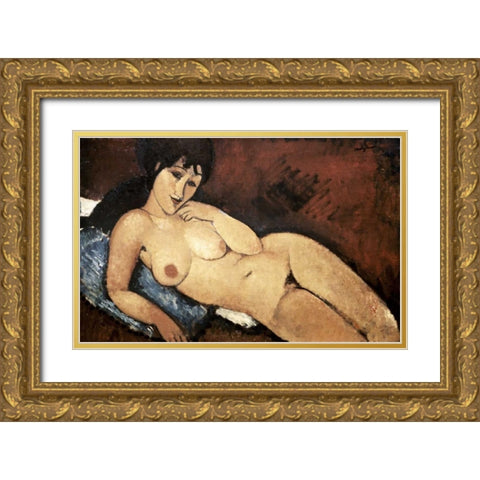 Nude on a Blue Cushion Gold Ornate Wood Framed Art Print with Double Matting by Modigliani, Amedeo