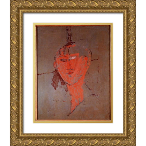 The Red Head Gold Ornate Wood Framed Art Print with Double Matting by Modigliani, Amedeo
