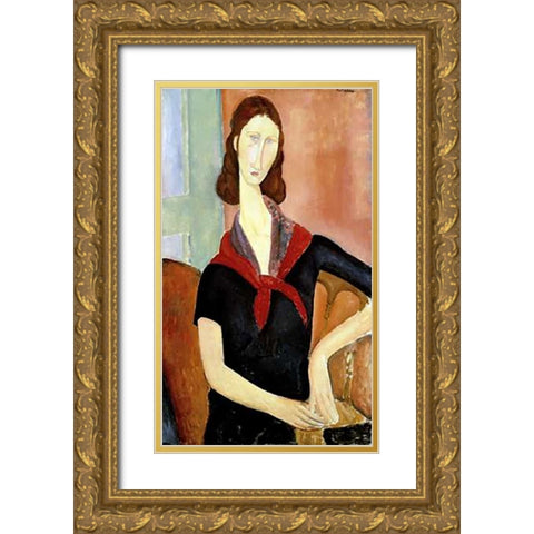 Young Woman (Au Foulard) Gold Ornate Wood Framed Art Print with Double Matting by Modigliani, Amedeo