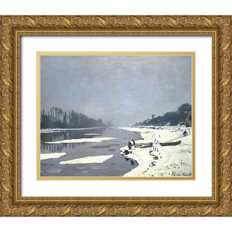 Ice Floes on the Seine at Bougival, 1868 Gold Ornate Wood Framed Art Print with Double Matting by Monet, Claude