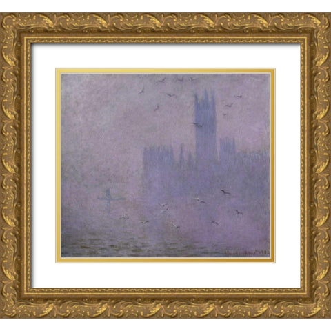 Seagulls - The River Thames and Houses of Parliament, London Gold Ornate Wood Framed Art Print with Double Matting by Monet, Claude