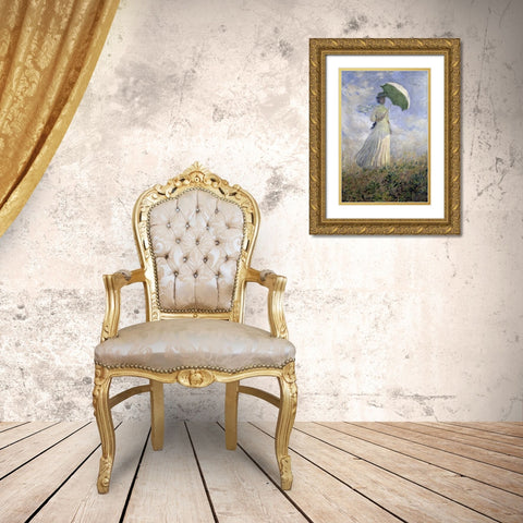 Woman with a Parasol Turned to the Right Gold Ornate Wood Framed Art Print with Double Matting by Monet, Claude