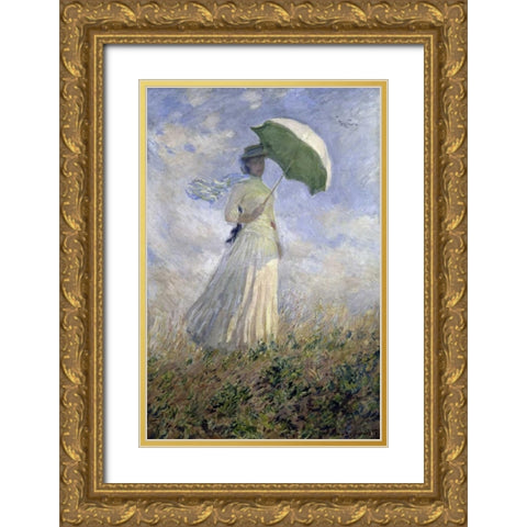 Woman with a Parasol Turned to the Right Gold Ornate Wood Framed Art Print with Double Matting by Monet, Claude