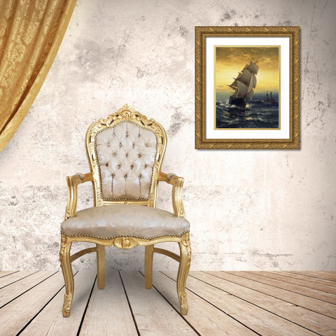 Passing Ambrose Lightship Gold Ornate Wood Framed Art Print with Double Matting by Moran, Edward