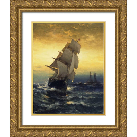 Passing Ambrose Lightship Gold Ornate Wood Framed Art Print with Double Matting by Moran, Edward