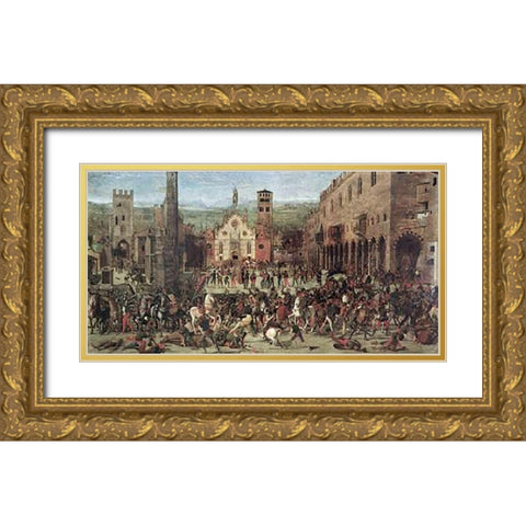 Expulsion of The Bonacolsi Gold Ornate Wood Framed Art Print with Double Matting by Morone, Domenico