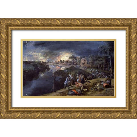 Scene of War and Fire Gold Ornate Wood Framed Art Print with Double Matting by Mostaert, Gillis
