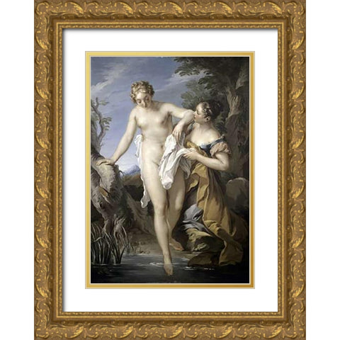 Bather and her Attendant Gold Ornate Wood Framed Art Print with Double Matting by Le Moyne, Francois