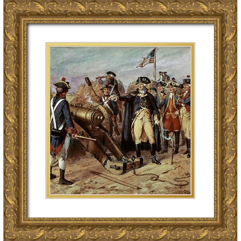 Washington Firing First Shot at Yorktown Gold Ornate Wood Framed Art Print with Double Matting by Ogden, Henry Alexander